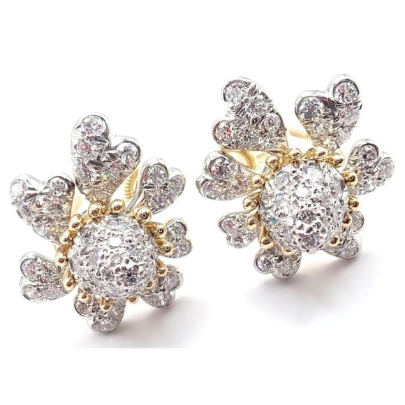 Tiffany & Co Schlumberger Cones And Petals 18k Gold Platinum Diamond Earrings - Picture 10 of 12